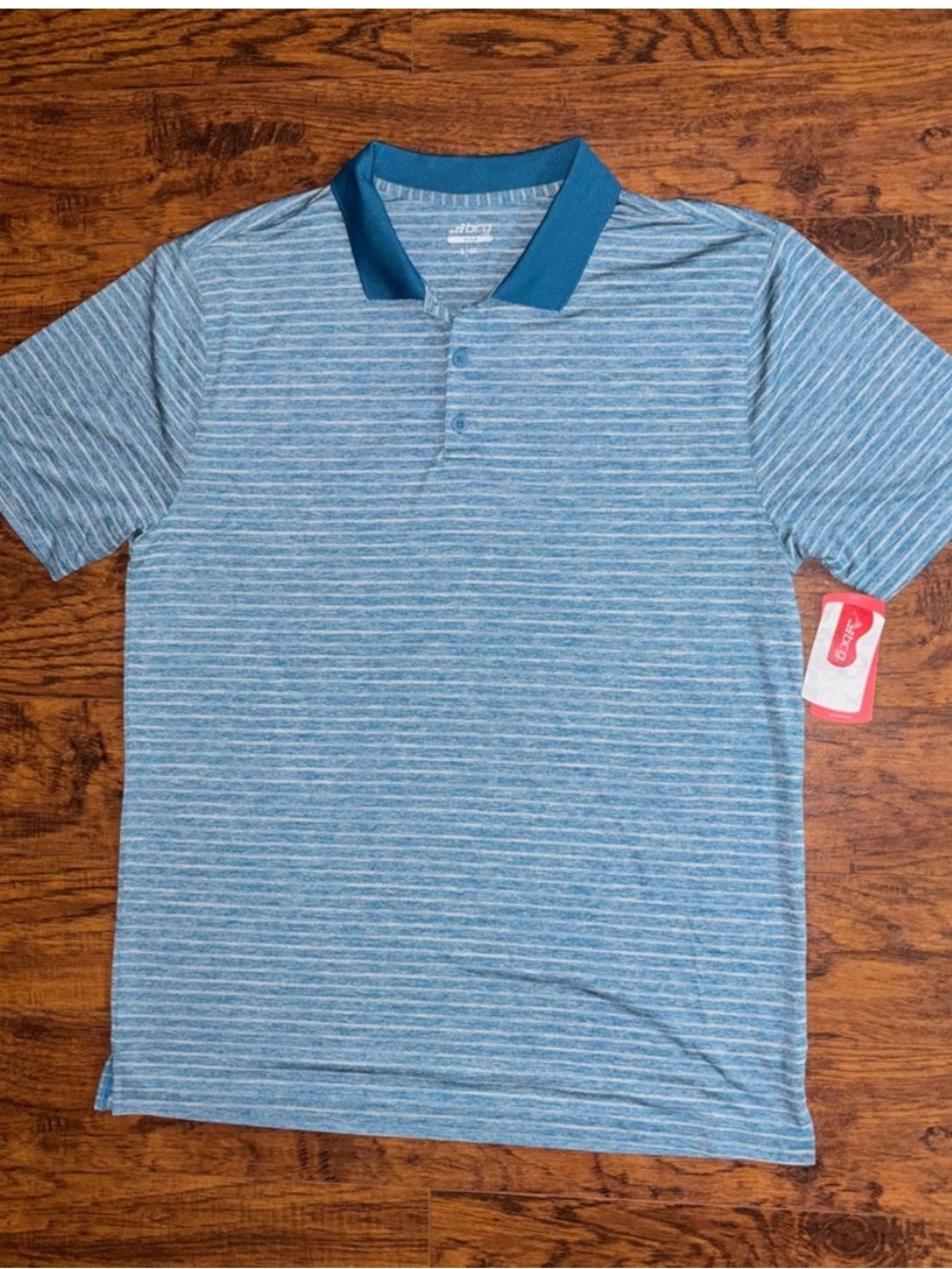 bcg Golf NWT Polo Shirt Short Sleeve Aqua Blue Striped Collared Button-Down